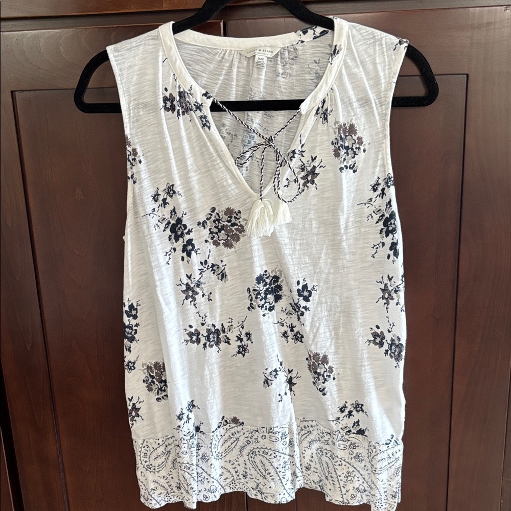 Lucky Brand White Sleeveless Floral Tank with Tassel Tie